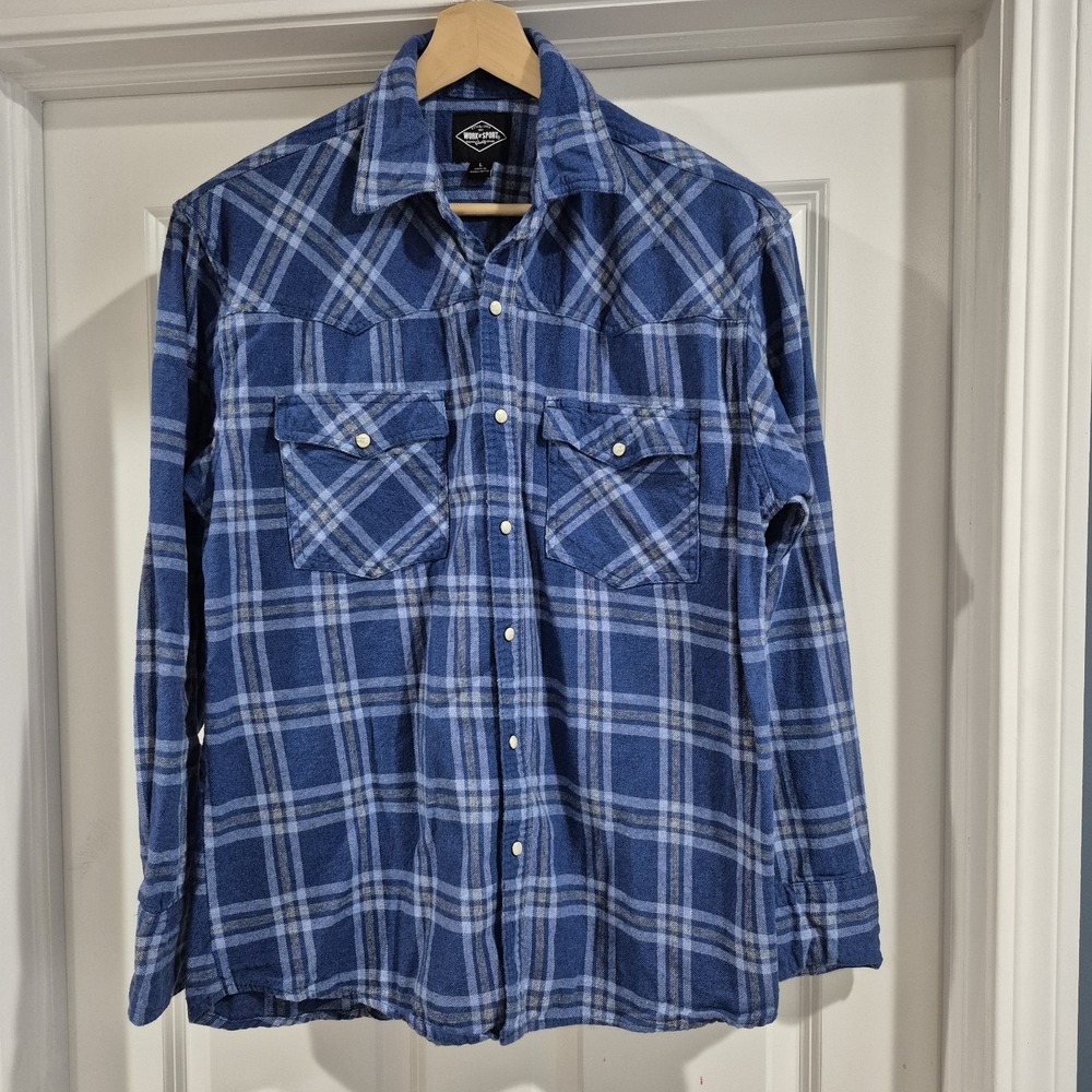 Work N Sport Flannel Shirt Blue Plaid Pearl Snap Rodeo Western‎ Cowboy Rancher
